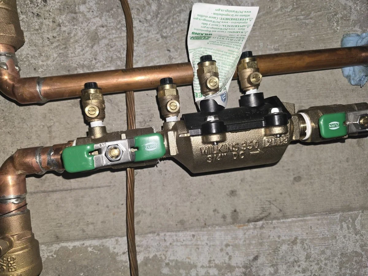 Completed valve and backflow assembly on a residential water service